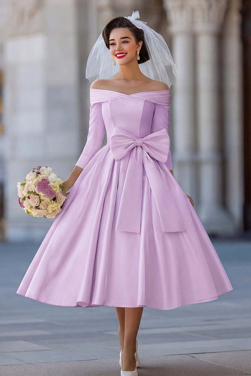 Load image into Gallery viewer, A Line Ivory Off the Shoulder Midi Wedding Dress with Bow