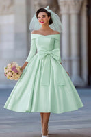 Load image into Gallery viewer, A Line Ivory Off the Shoulder Midi Wedding Dress with Bow