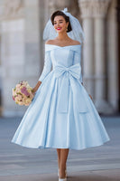 Load image into Gallery viewer, A Line Ivory Off the Shoulder Midi Wedding Dress with Bow