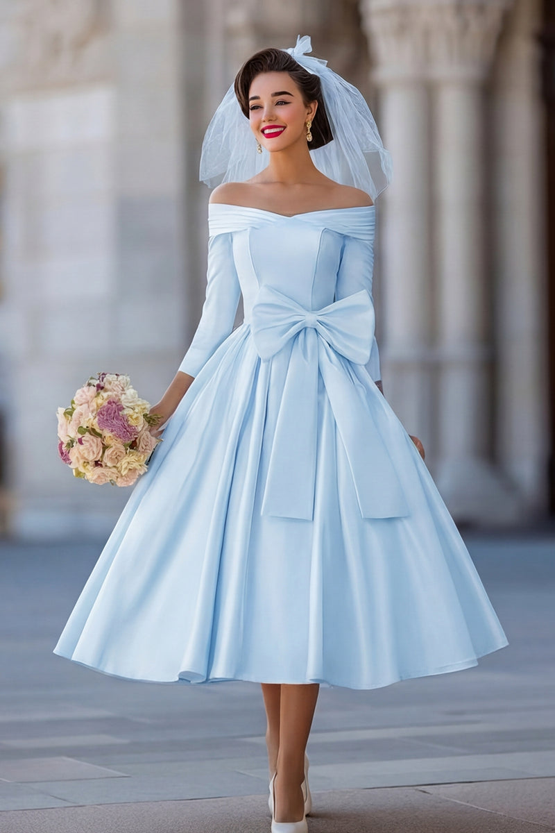 Load image into Gallery viewer, A Line Ivory Off the Shoulder Midi Wedding Dress with Bow