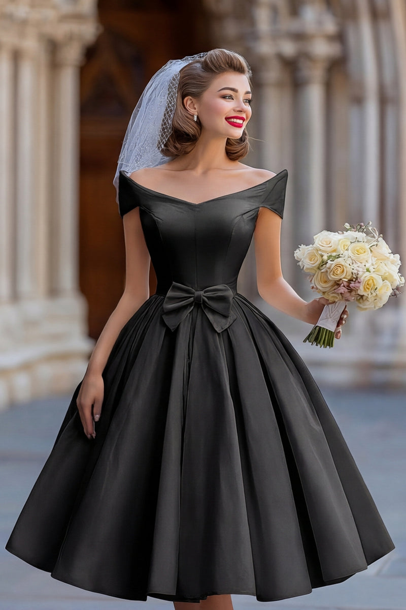 Load image into Gallery viewer, Ivory A Line Off the Shoulder Backless Midi Wedding Dress with Bow