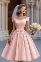 Load image into Gallery viewer, Ivory A Line Off the Shoulder Backless Midi Wedding Dress with Bow