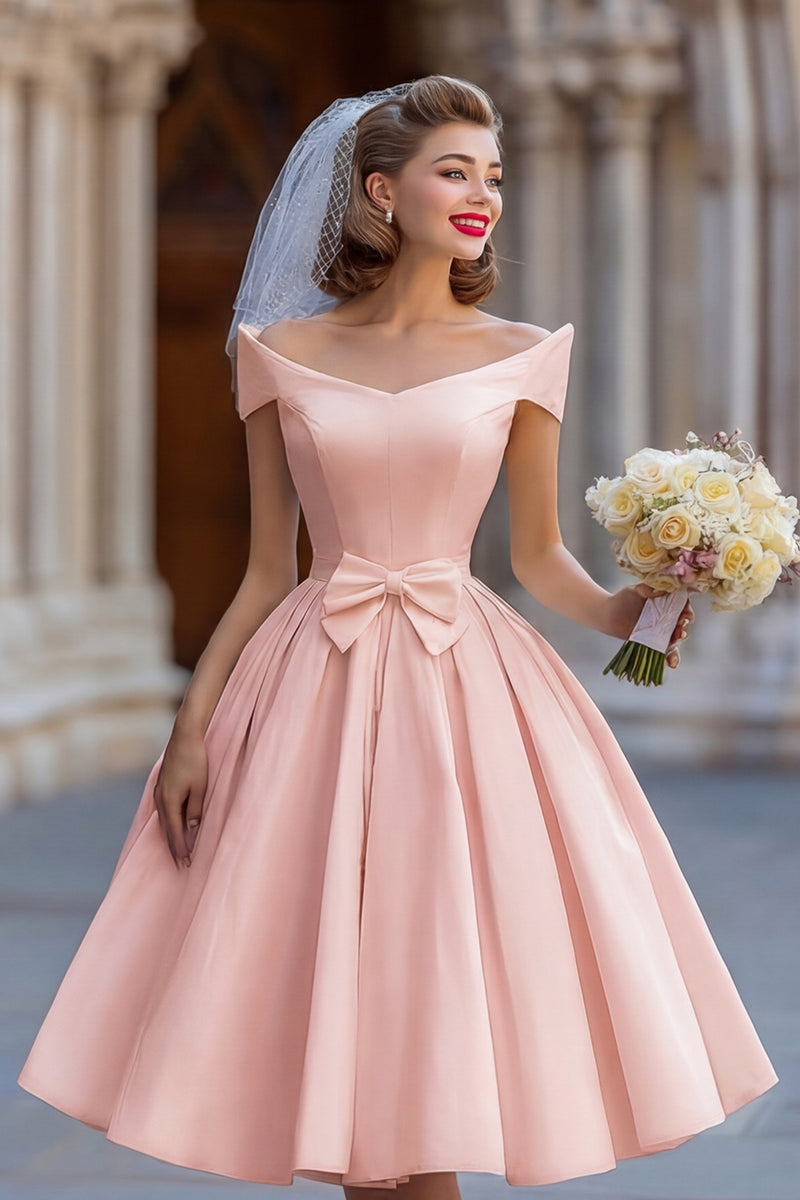 Load image into Gallery viewer, Ivory A Line Off the Shoulder Backless Midi Wedding Dress with Bow
