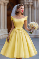Load image into Gallery viewer, Ivory A Line Off the Shoulder Backless Midi Wedding Dress with Bow