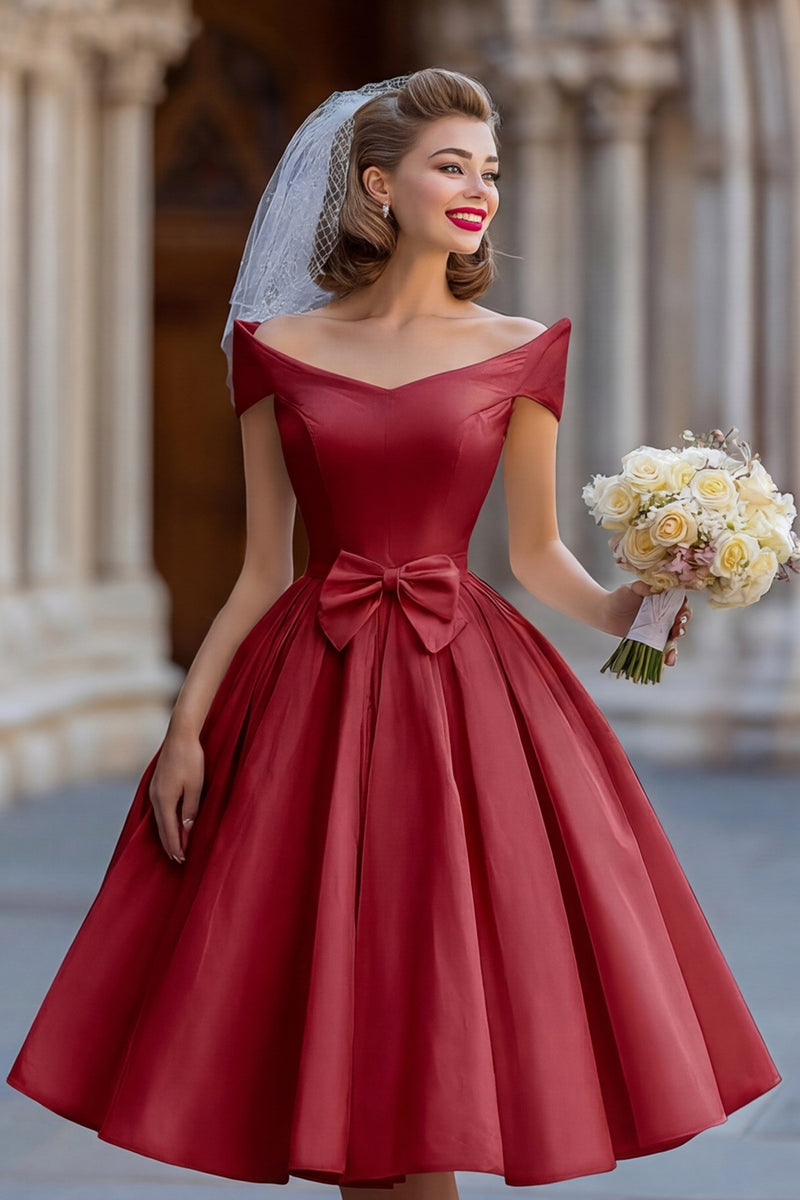 Load image into Gallery viewer, Ivory A Line Off the Shoulder Backless Midi Wedding Dress with Bow
