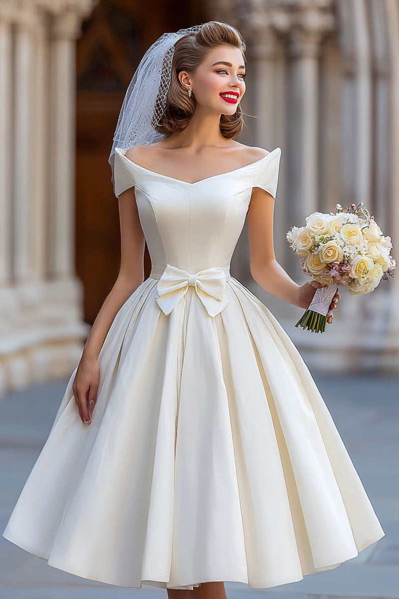 Load image into Gallery viewer, Ivory A Line Off the Shoulder Backless Midi Wedding Dress with Bow