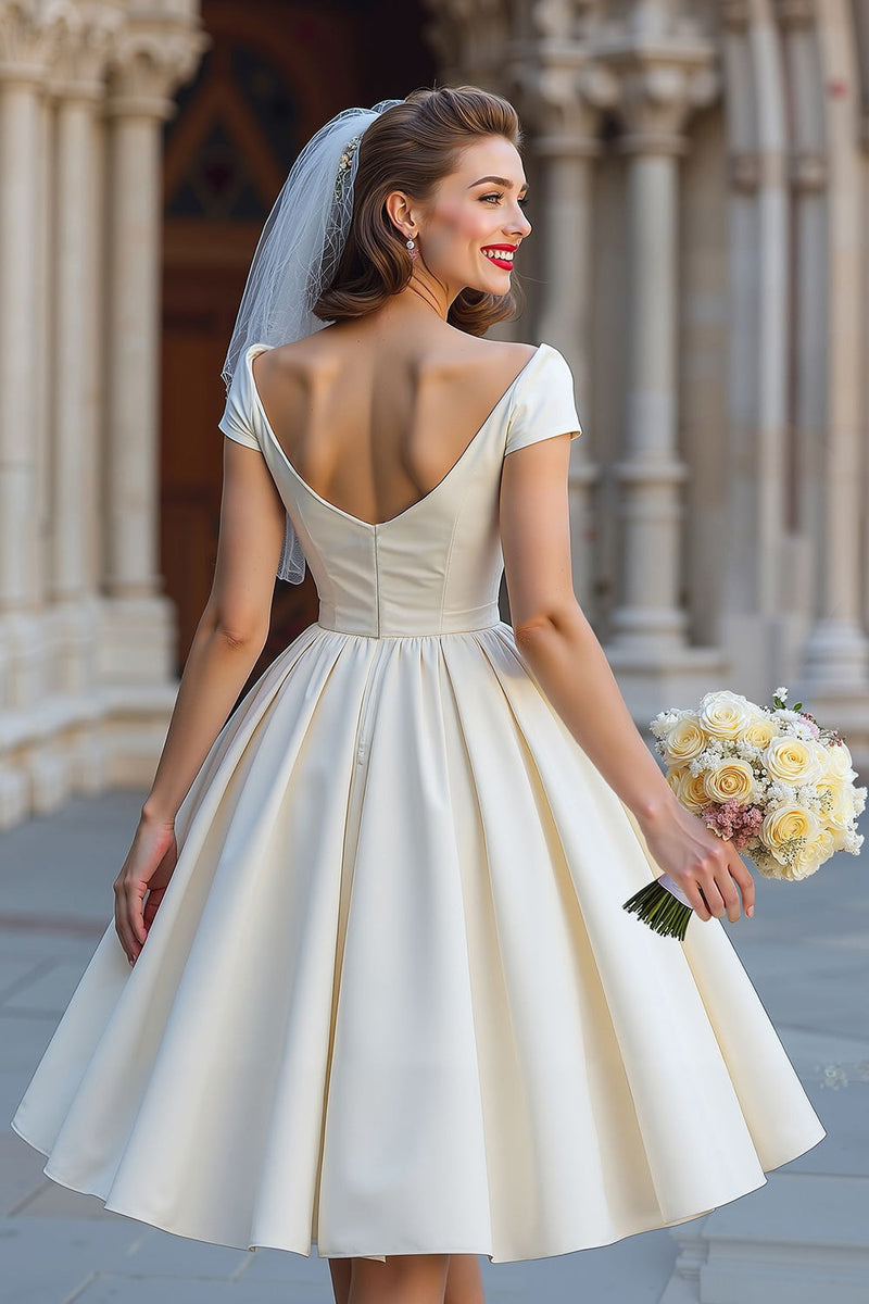 Load image into Gallery viewer, Ivory A Line Off the Shoulder Backless Midi Wedding Dress with Bow