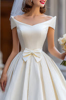 Load image into Gallery viewer, Ivory A Line Off the Shoulder Backless Midi Wedding Dress with Bow
