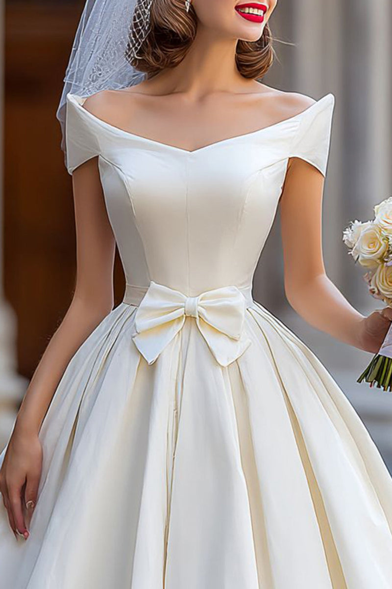 Load image into Gallery viewer, Ivory A Line Off the Shoulder Backless Midi Wedding Dress with Bow