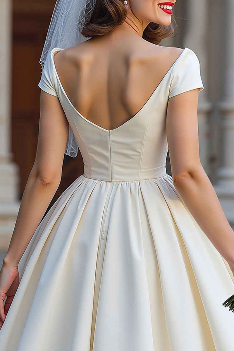 Load image into Gallery viewer, Ivory A Line Off the Shoulder Backless Midi Wedding Dress with Bow