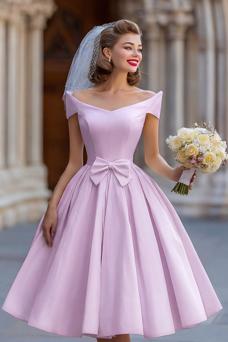 Load image into Gallery viewer, Ivory A Line Off the Shoulder Backless Midi Wedding Dress with Bow