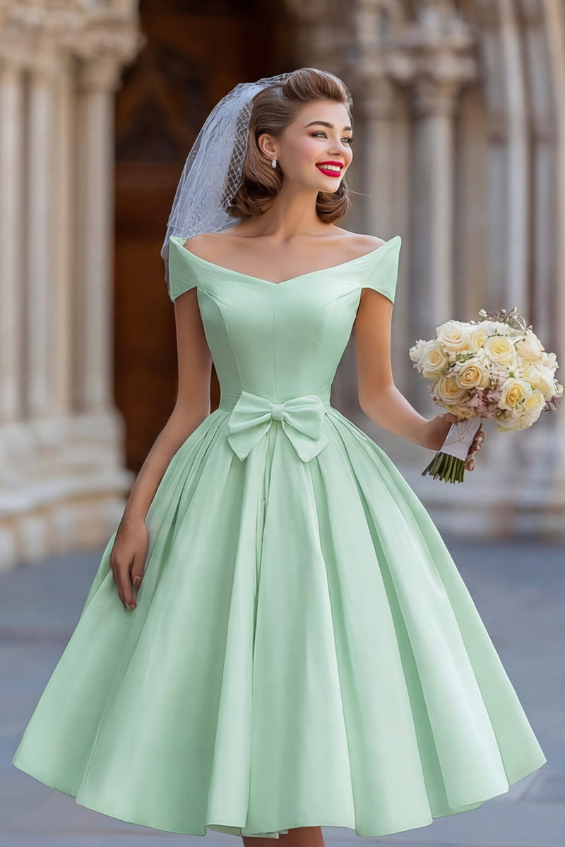 Load image into Gallery viewer, Ivory A Line Off the Shoulder Backless Midi Wedding Dress with Bow