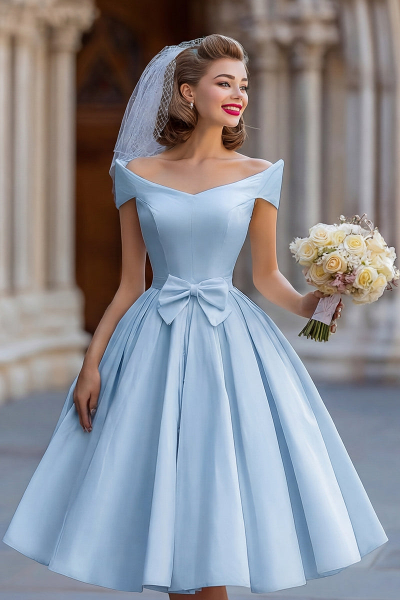 Load image into Gallery viewer, Ivory A Line Off the Shoulder Backless Midi Wedding Dress with Bow