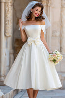 Load image into Gallery viewer, Off the Shoulder Ivory A Line Midi Wedding Dress with Bow