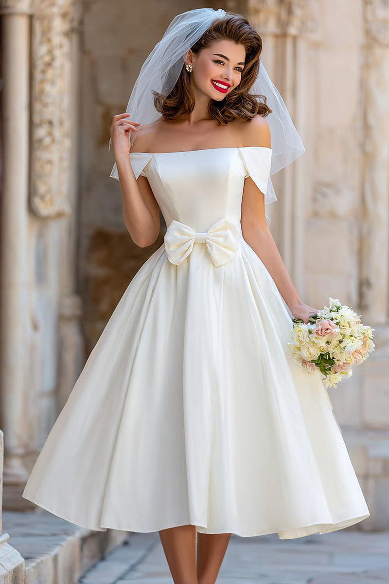 Load image into Gallery viewer, Off the Shoulder Ivory A Line Midi Wedding Dress with Bow