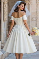 Load image into Gallery viewer, Off the Shoulder Ivory A Line Midi Wedding Dress with Bow