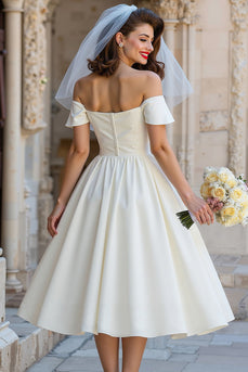 Off the Shoulder Ivory A Line Midi Wedding Dress with Bow