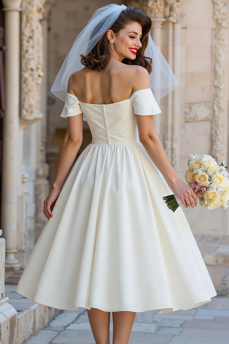 Load image into Gallery viewer, Off the Shoulder Ivory A Line Midi Wedding Dress with Bow