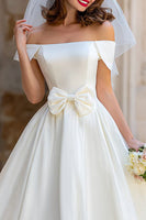 Load image into Gallery viewer, Off the Shoulder Ivory A Line Midi Wedding Dress with Bow