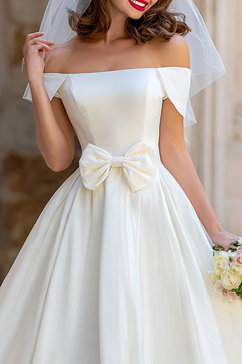 Load image into Gallery viewer, Off the Shoulder Ivory A Line Midi Wedding Dress with Bow