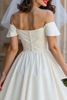 Load image into Gallery viewer, Off the Shoulder Ivory A Line Midi Wedding Dress with Bow