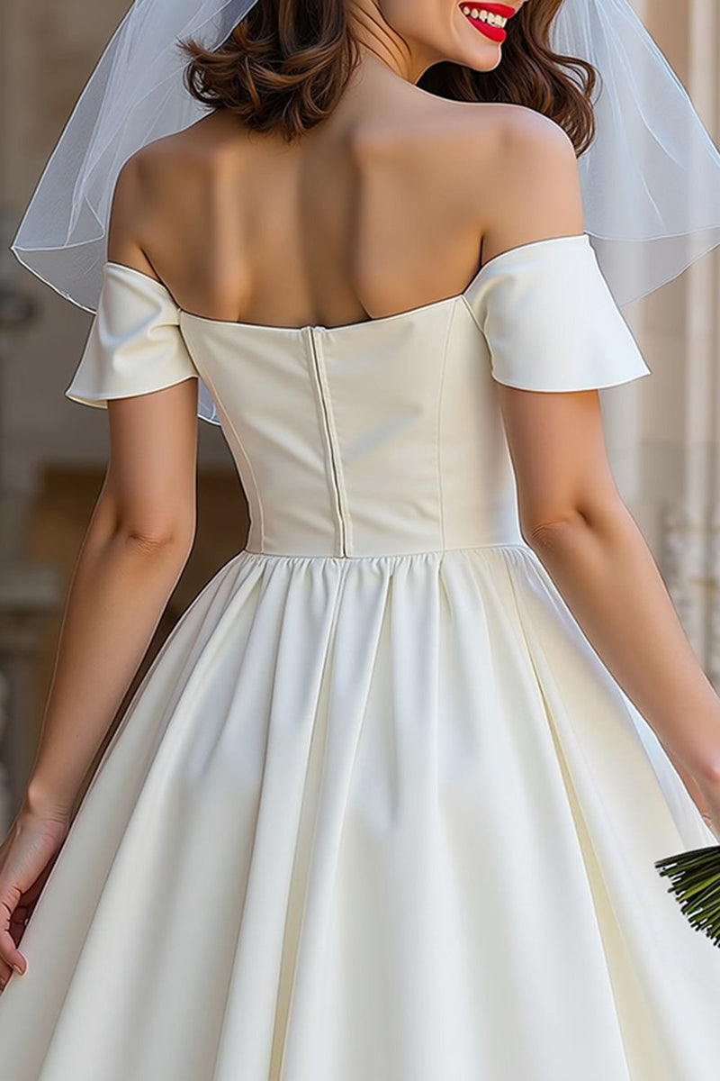 Load image into Gallery viewer, Off the Shoulder Ivory A Line Midi Wedding Dress with Bow