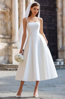 Load image into Gallery viewer, Spaghetti Straps White A Line Midi Wedding Dress with Bow