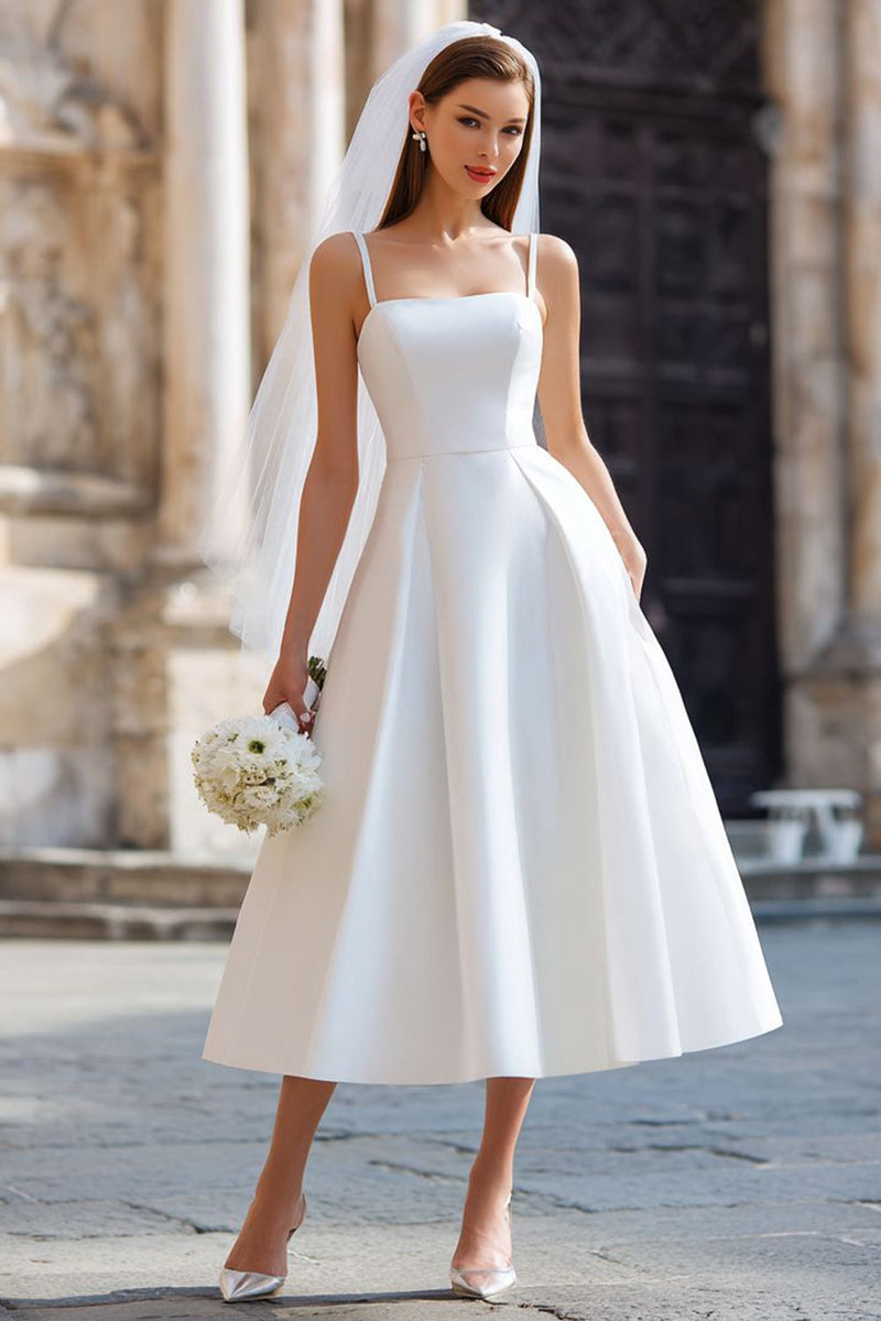 Queendancer Women White Midi Wedding Dress with Bow Satin Spaghetti