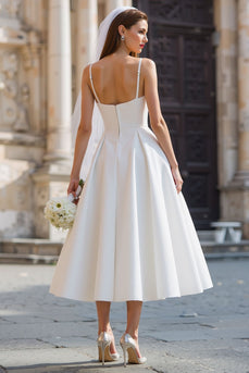 Spaghetti Straps White A Line Midi Wedding Dress with Bow