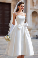 Load image into Gallery viewer, Spaghetti Straps White A Line Midi Wedding Dress with Bow