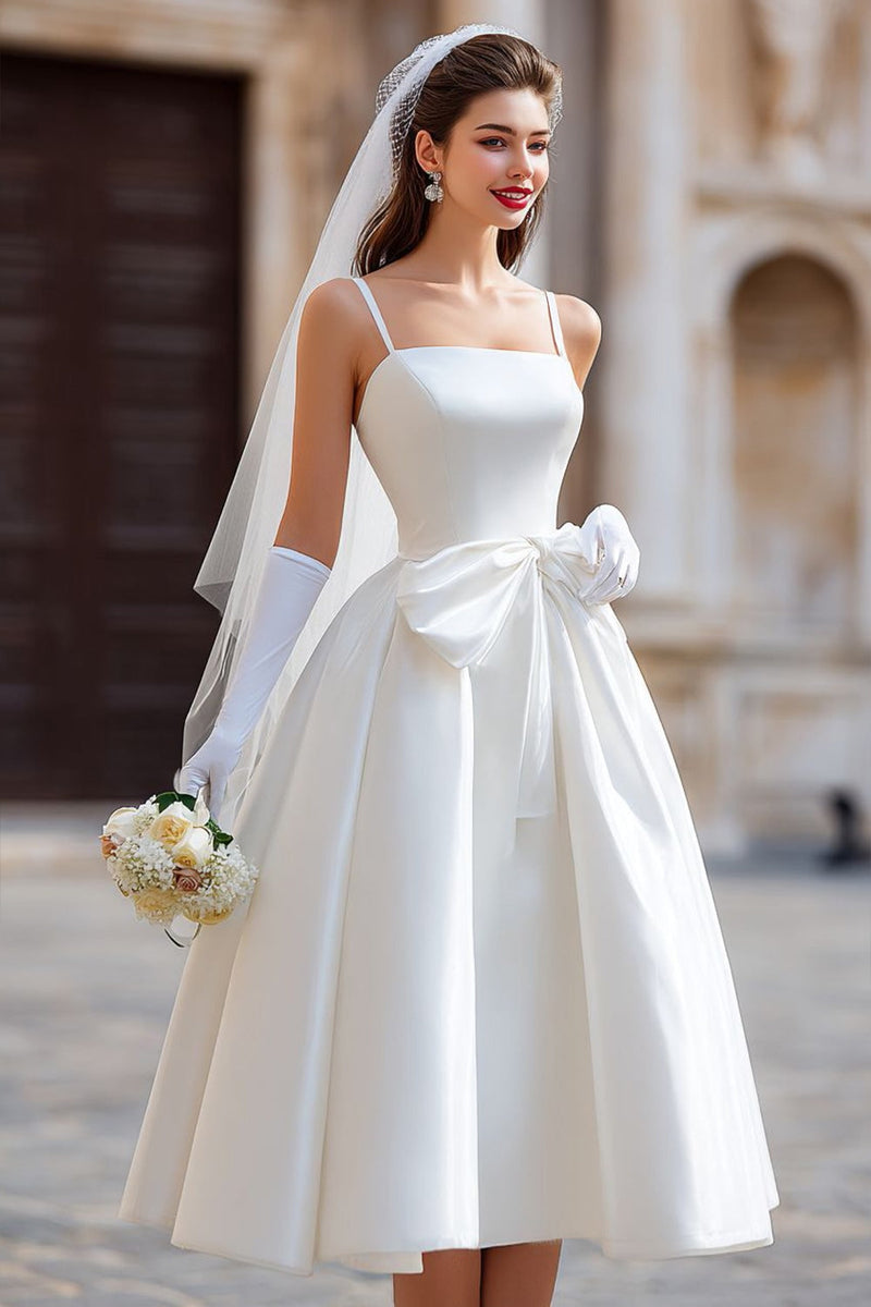 Load image into Gallery viewer, Spaghetti Straps White A Line Midi Wedding Dress with Bow