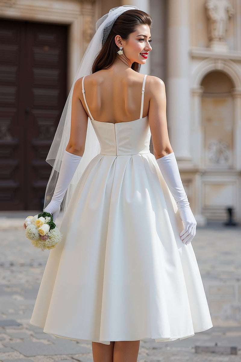 Load image into Gallery viewer, Spaghetti Straps White A Line Midi Wedding Dress with Bow