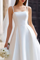 Load image into Gallery viewer, Spaghetti Straps White A Line Midi Wedding Dress with Bow