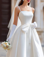 Load image into Gallery viewer, Spaghetti Straps White A Line Midi Wedding Dress with Bow