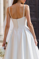 Load image into Gallery viewer, Spaghetti Straps White A Line Midi Wedding Dress with Bow