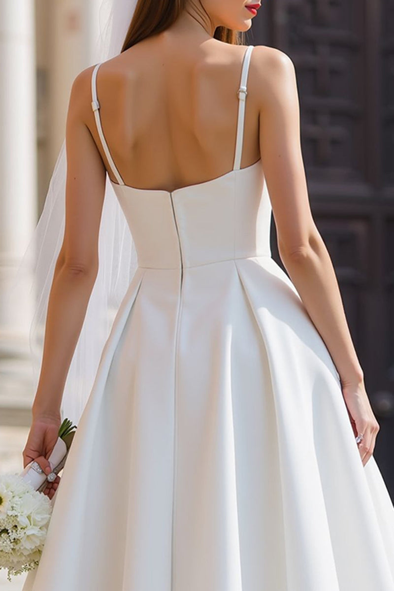 Load image into Gallery viewer, Spaghetti Straps White A Line Midi Wedding Dress with Bow