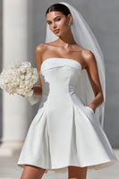 Load image into Gallery viewer, White A Line Satin Short Strapless Wedding Dress with Bow