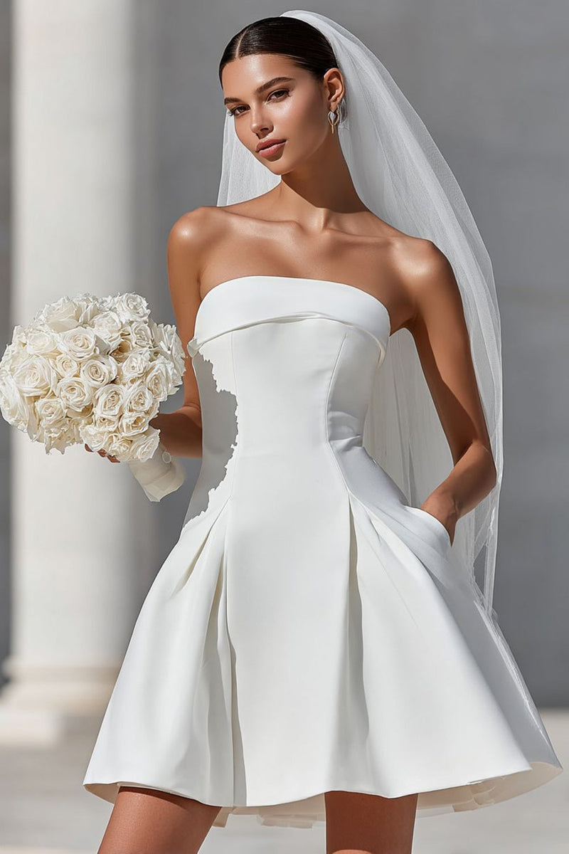 Load image into Gallery viewer, White A Line Satin Short Strapless Wedding Dress with Bow
