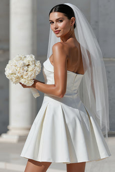 White A Line Satin Short Strapless Wedding Dress with Bow
