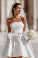 Load image into Gallery viewer, White A Line Satin Short Strapless Wedding Dress with Bow