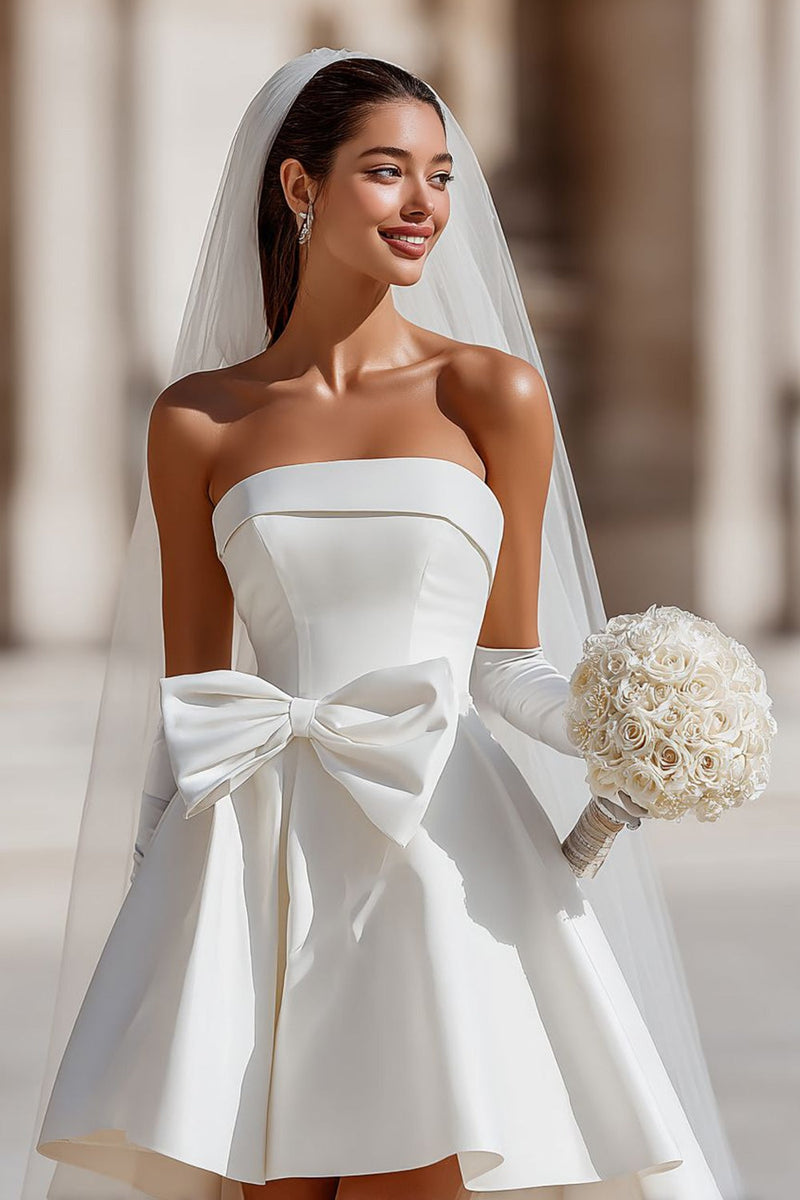 Load image into Gallery viewer, White A Line Satin Short Strapless Wedding Dress with Bow