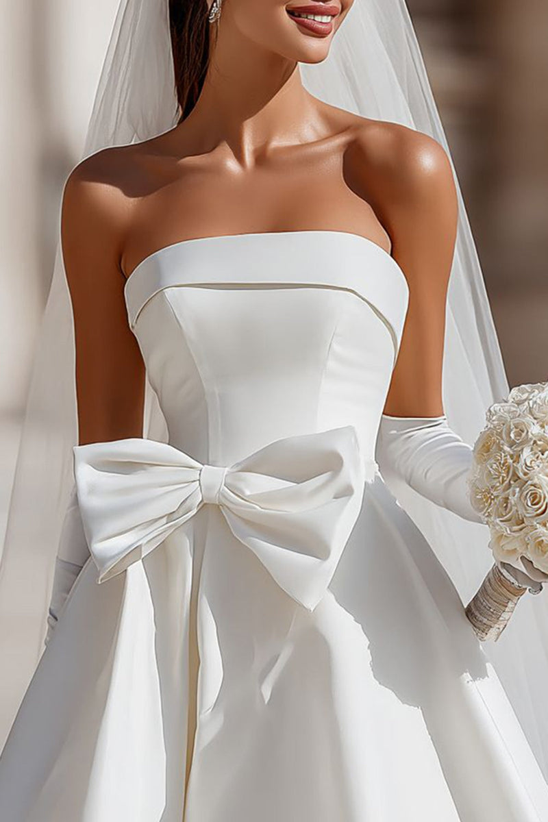 Load image into Gallery viewer, White A Line Satin Short Strapless Wedding Dress with Bow