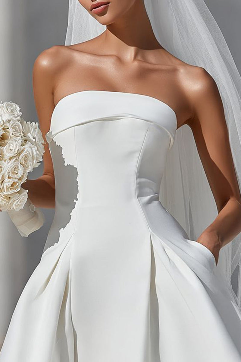 Load image into Gallery viewer, White A Line Satin Short Strapless Wedding Dress with Bow