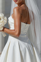 Load image into Gallery viewer, White A Line Satin Short Strapless Wedding Dress with Bow
