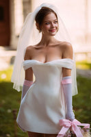 Load image into Gallery viewer, Off the Shoulder White A Line Short Wedding Dress