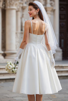 Spaghetti Straps White Satin A Line Midi Wedding Dress