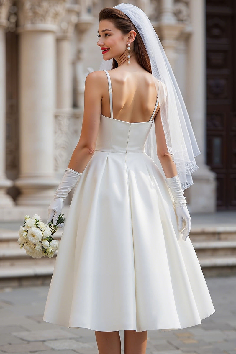 Load image into Gallery viewer, Spaghetti Straps White Satin A Line Midi Wedding Dress