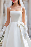 Load image into Gallery viewer, Spaghetti Straps White Satin A Line Midi Wedding Dress