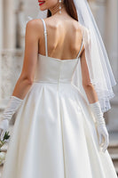Load image into Gallery viewer, Spaghetti Straps White Satin A Line Midi Wedding Dress