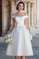 Load image into Gallery viewer, Satin White Off the Shoulder Midi Wedding Dress with Bow